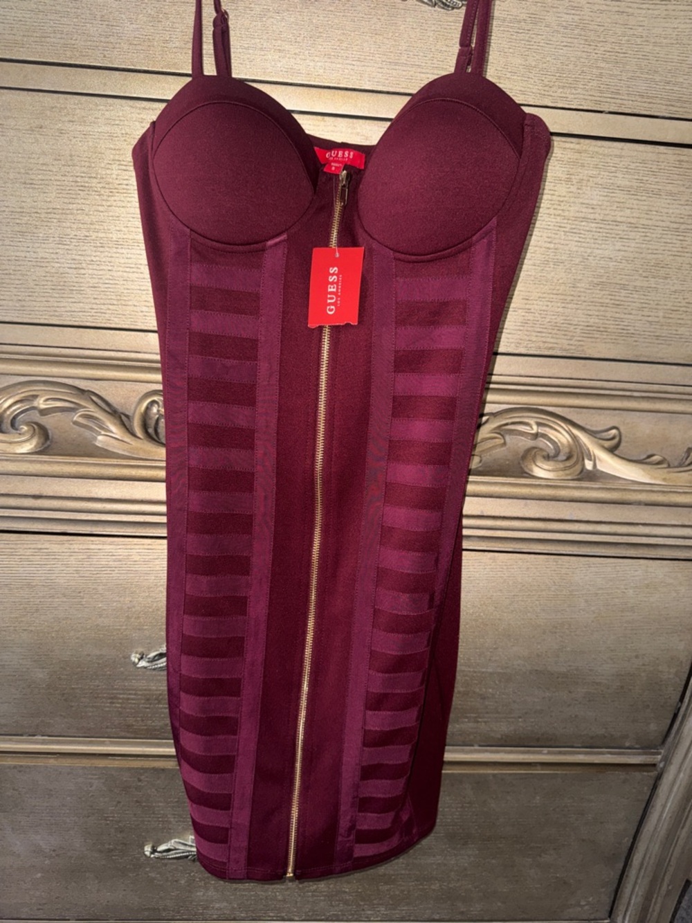 GUESS Strapless Burgundy Zip-Front Bodycon Dress
